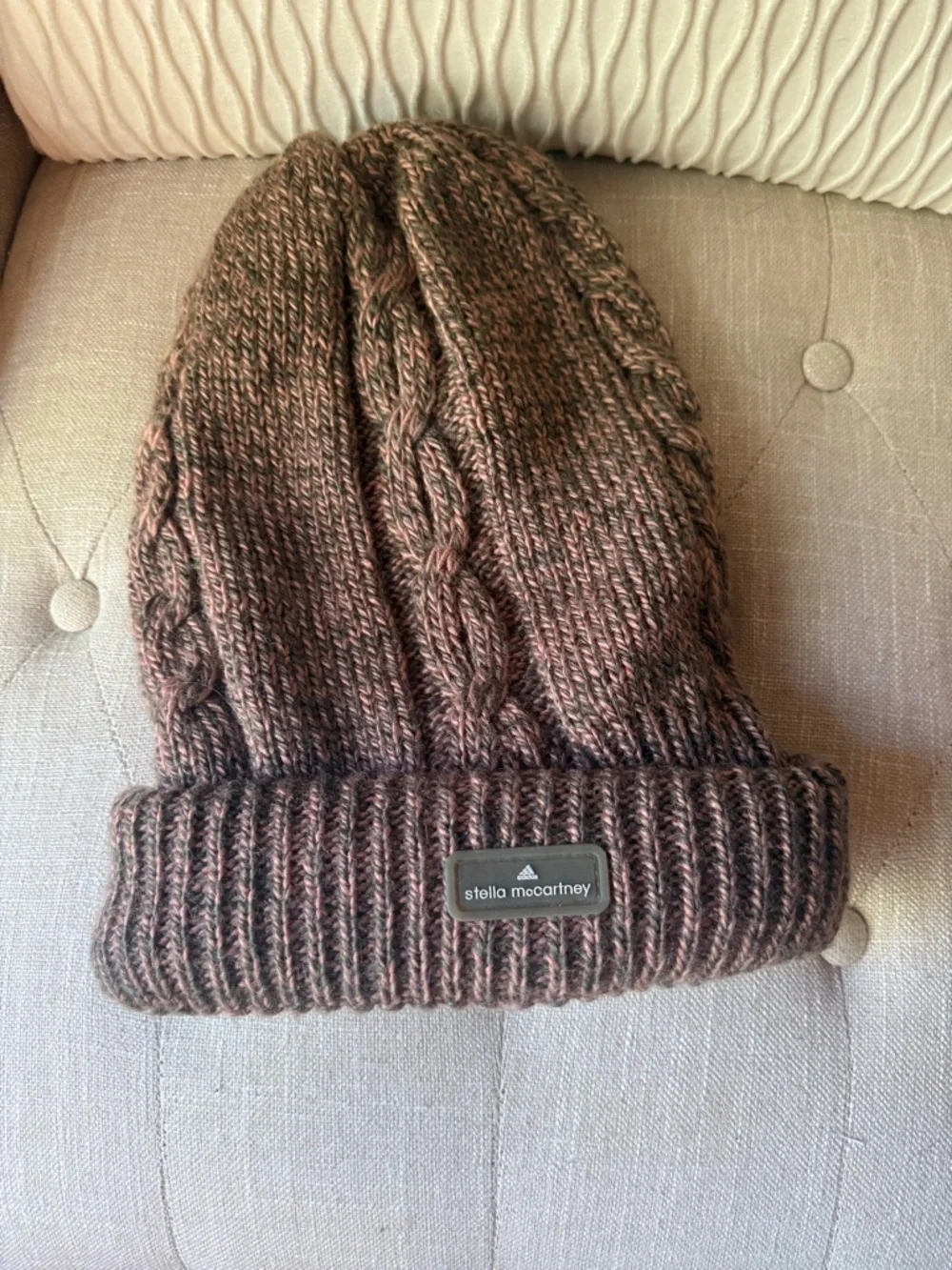 adidas by Stella McCartney Cable Knit Beanie Hat Fleece Lined Pink Brown